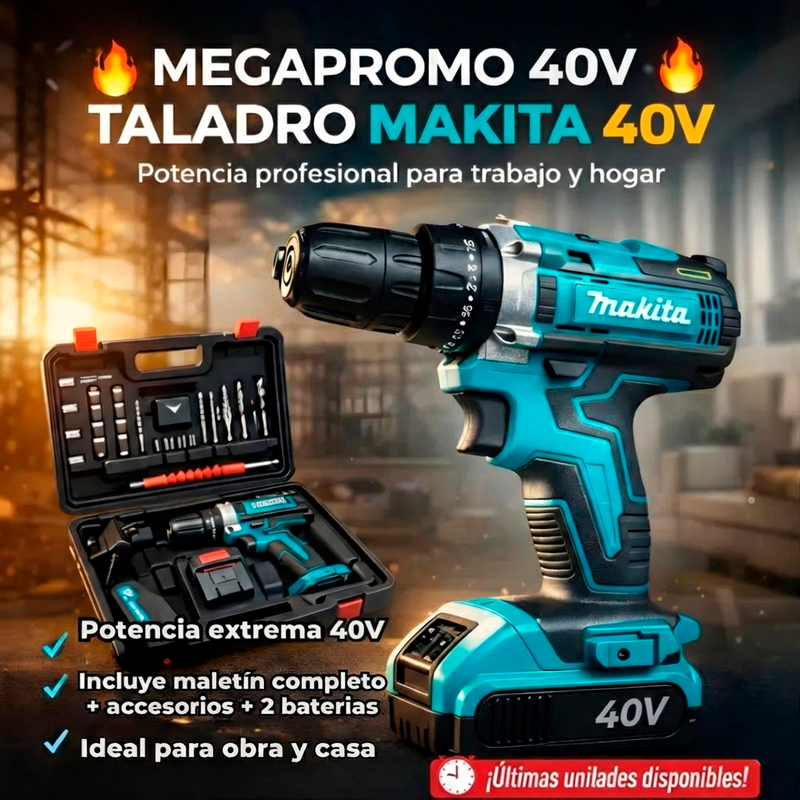 Taladro Atornillador de Impacto Inalámbrico Makita® + Maletín + 24 Accesorios + 2 Baterías 40V